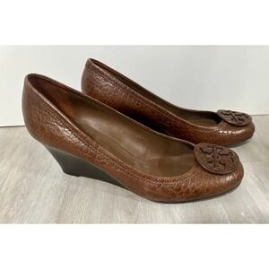 Tory Burch Brown Embossed Leather Wedge Heels Shoes Women Size 10.5M